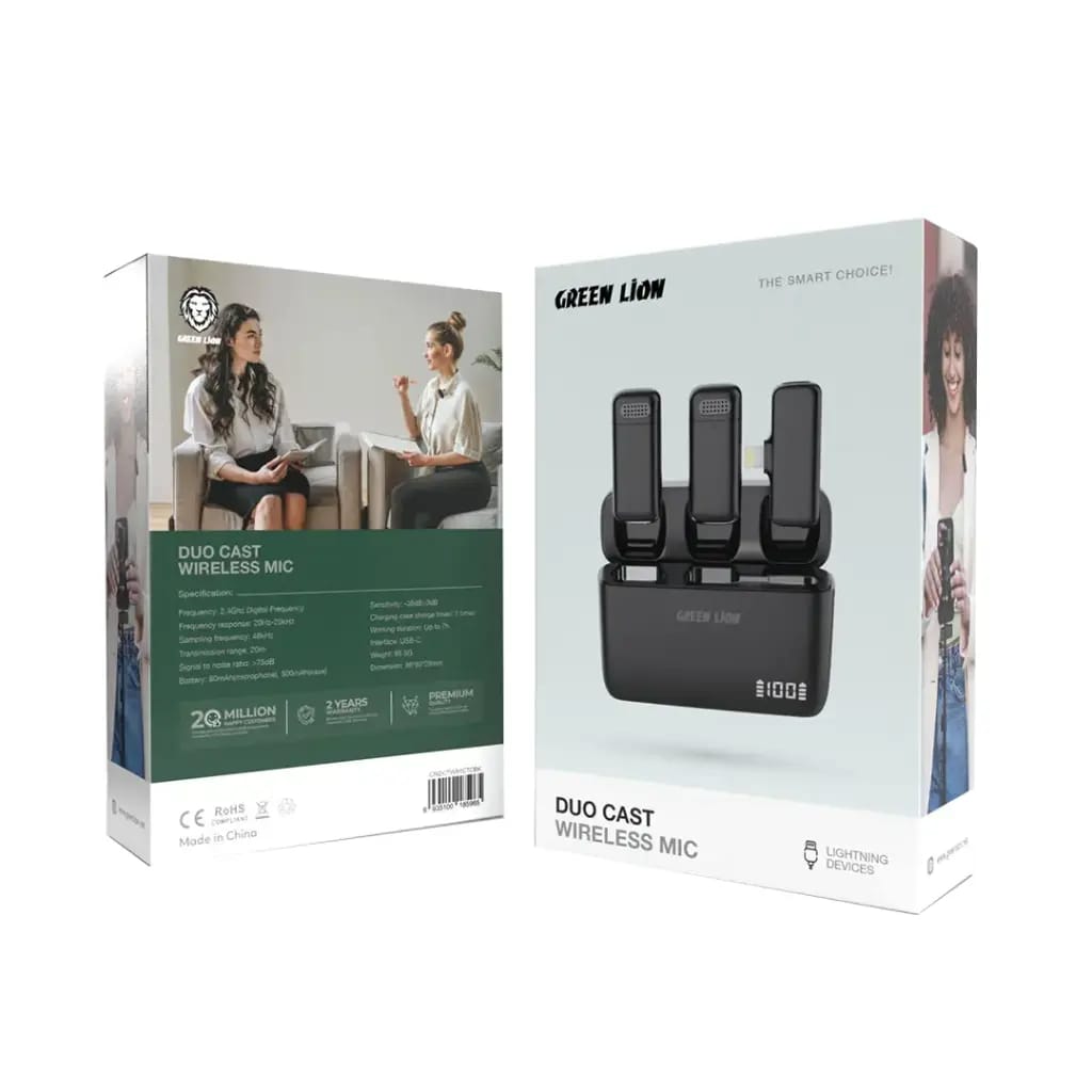 Green Lion Duo Cast Wireless Microphone for Lightning Devices – Dual Wireless Mic System with Charging Case