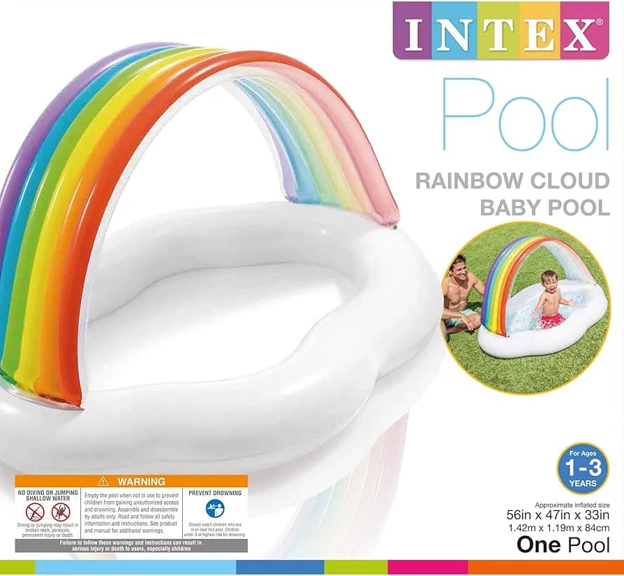 Intex Rainbow Inflatable Baby Pool Float with Sun Shade Canopy – Kids Water Lounge Chair with UV Protection | 142 x 119 x 84 cm